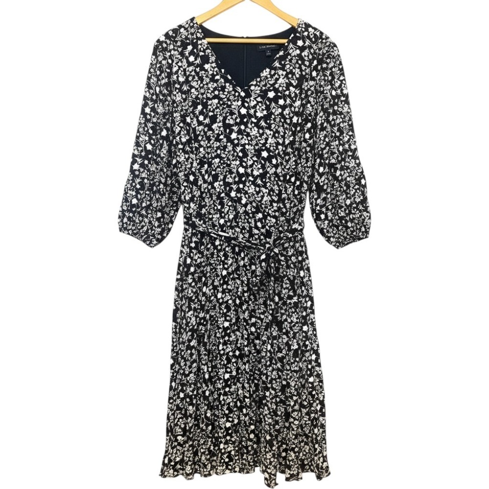 Lane Bryant Floral Pleated Midi Dress Black White Puff Sleeve Size 26 New Career